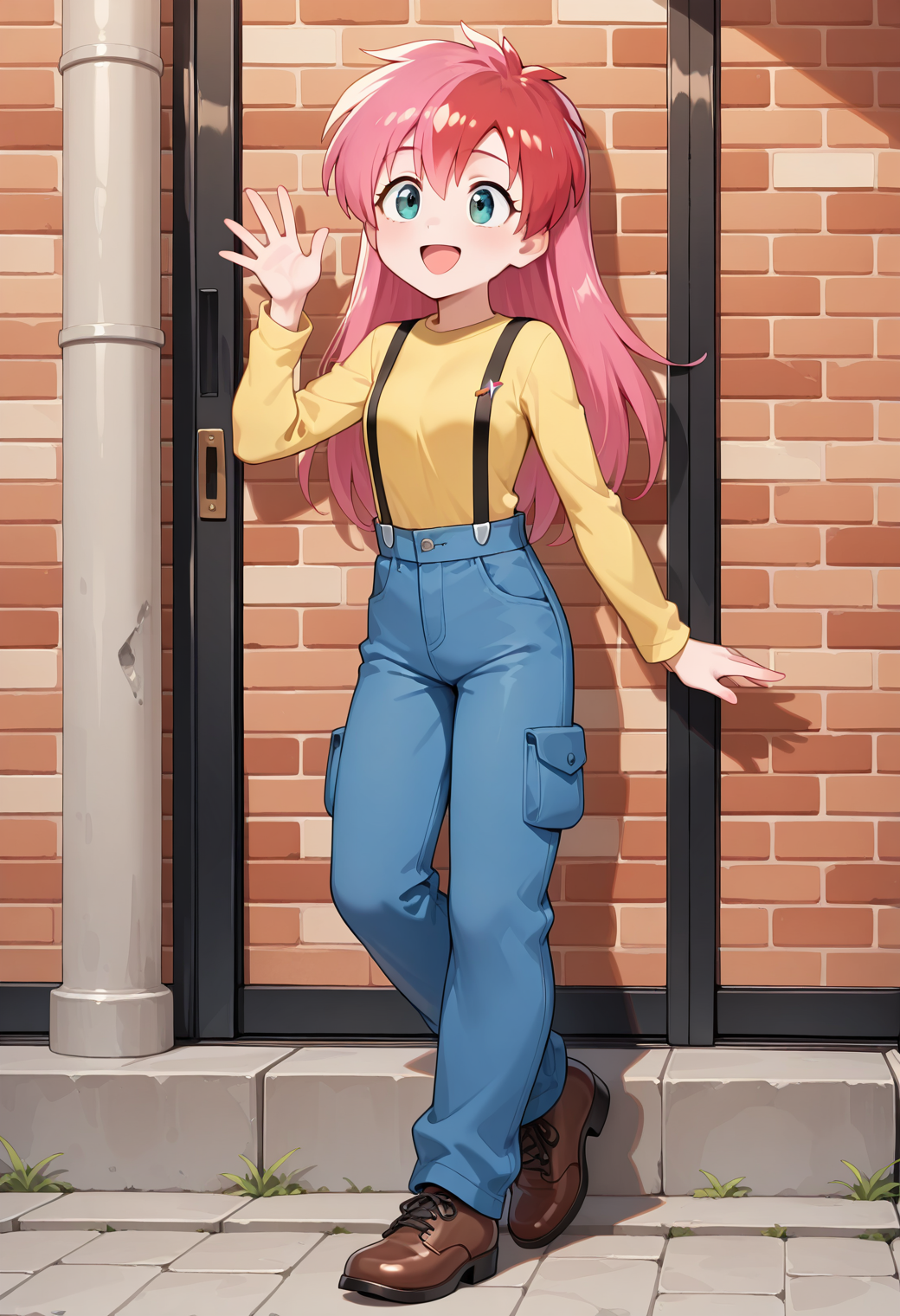 masterpiece, best quality, very aesthetic, absurdres, 1girl, solo,
<lora:yamato_sora_v01:0.9>, <lora:outline_xl_kohaku_delta_spv5x:-1>, yamato_sora, sora_normal, two-tone hair, pink hair, red hair, long hair, green eyes,
yellow shirt, long sleeves, suspenders, denim pants, pocket, brown shoes, smile, open mouth, posing