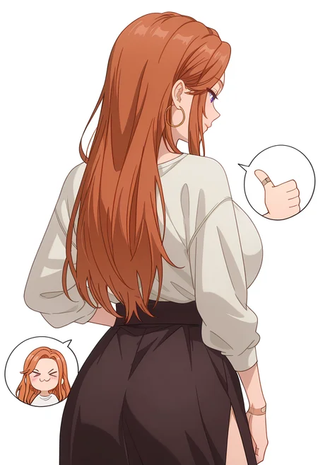 Smooth Quality,masterpiece,beautiful aesthetic, very intricate, high quality details, ultra realistic, high detailed skin,
simple background, white background,
from behind,thumbs up,x3,
slit skirt,,shirt, ,Bandaid on hand, <lora:Fuyuki_Maicnn:0.8> mai/cnn, 1girl, long hair, purple eyes, jewelry, hoop earrings, brown hair, orange hair, large breasts,