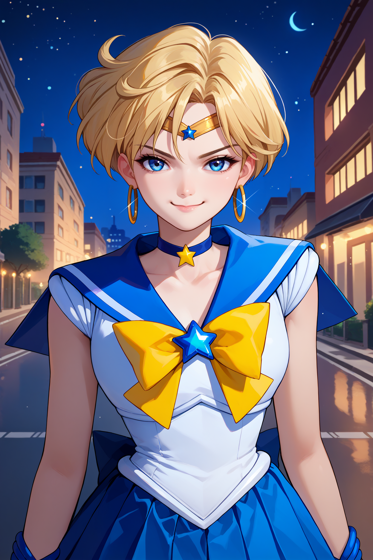 score_9, score_8_up, score_7_up, score_6_up, source_anime, 1girl, solo,  <lora:sailoruranus-pdxl-nvwls-v1-000005:1> slrua, blonde hair, short hair, blue eyes, circlet, star choker, hoop earrings, white shirt, sleeveless, blue sailor collar, yellow bowtie, brooch, white leotard, blue skirt, pleated skirt, white gloves, upper body, portrait, night, city, looking at you, smug, smile, closed mouth, happy, smirk
