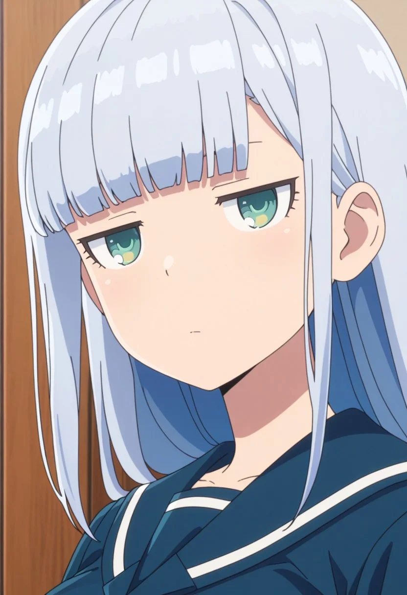 Masterpiece , best quality , amazing quality , anime screencap , ahareneru , a girl , 1girl , long hair , blunt bangs , grey hair, green eyes, sidelocks, blue hair , blue serafuku , medium breasts , portrait , looking at viewer , blue eyes , jitome