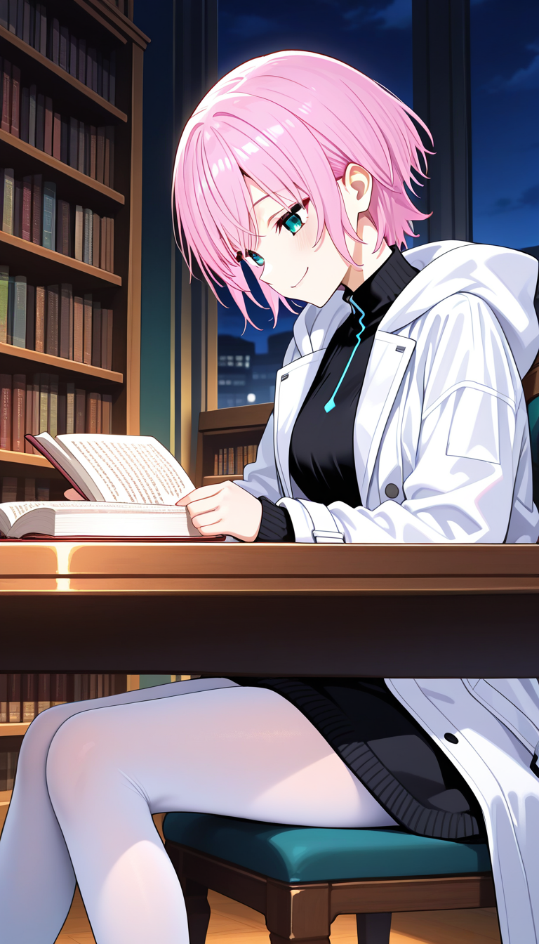 masterpiece, best quality, very aesthetic, absurdres,
solo, 1girl,

nijiriri, blue eyes, green eyes, pink hair, short hair,

smirk,

sitting, looking down, on chair, holding book, open book, white coat, hooded coat, hood down, long sleeves, short dress, black dress, turtleneck dress, white pantyhose, indoors, library, table, bookshelf, night, head down,