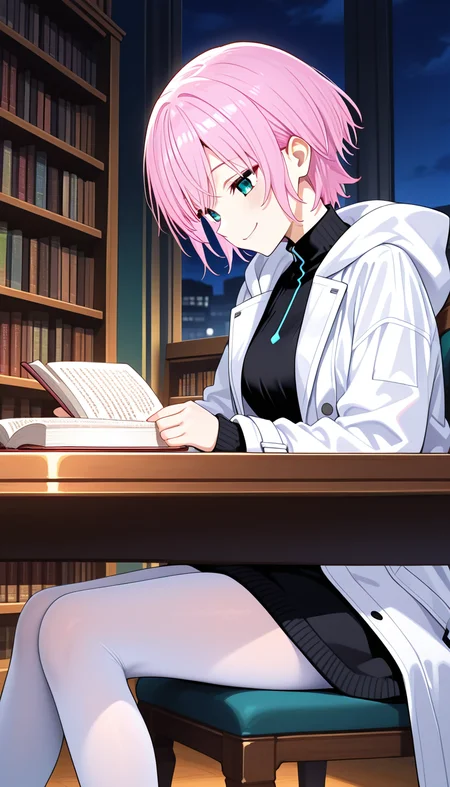 masterpiece, best quality, very aesthetic, absurdres,
solo, 1girl,

nijiriri, blue eyes, green eyes, pink hair, short hair,

smirk,

sitting, looking down, on chair, holding book, open book, white coat, hooded coat, hood down, long sleeves, short dress, black dress, turtleneck dress, white pantyhose, indoors, library, table, bookshelf, night, head down,