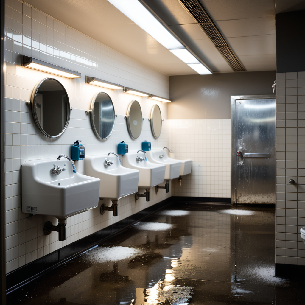The interior of a public restroom with a utilitarian and slightly neglected design. The walls are covered in plain, slightly stained white tiles, some of which are cracked or chipped. The floor consists of large, dull gray tiles with faint scuff marks and small puddles of water near the sinks. On one side of the room, a row of metal bathroom stalls with scratched doors and faded paint lines the wall. On the opposite wall, a series of wall-mounted urinals made of white ceramic are spaced evenly, each with a metallic flush handle above. Some urinals have faint stains and water streaks, with one having a small puddle beneath it. A row of sinks with old, slightly rusted faucets sits beneath a large, streaked mirror that has smudges and water spots. Above, fluorescent tube lights buzz faintly, casting a cold, sterile glow over the space. A faint smell of cleaning chemicals lingers in the air, mixed with the dampness of the room. A hand dryer is mounted on the wall near the entrance, and a trash bin overflowing with crumpled paper towels stands nearby. The atmosphere feels functional but slightly neglected, emphasizing its everyday use.
<lora:SDXLFaeTastic2400:0.4> <lora:extremely_detailed:0.4> extremely detailed, Masterpiece,best quality,hi res,8k,hi res,8k,award winning,(sharp focus, intricate, highly detailed),