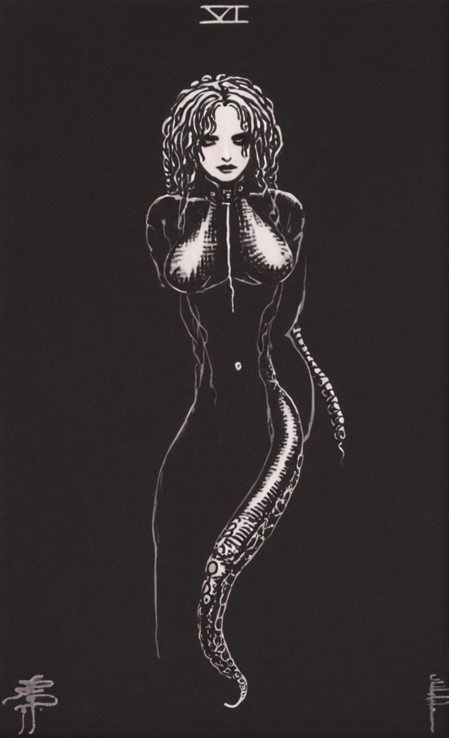 goth tentacle girl in shibari bondage <lora:Rider_Waite_Tarot:1.9>