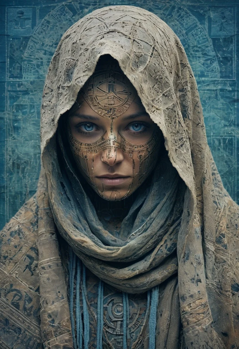 an ancient, cloaked female figure with piercing eyes, face covered in dust and dirt, their face wrapped in fabric adorned with extremely intricate hieroglyphs, set against an abstract, polygonal blue gradient background. The cloth appears worn and frayed, with strands of cobwebs catching the light, evoking a sense of age and decay. The background’s geometric facets shift from light to dark blue, creating a sense of depth that feels cold and detached, as if the figure exists within a frozen, digital void. Every wrinkle, stitch, and symbol on the fabric is detailed, revealing a story etched into the cloth. The icy blues of the background offer a stark contrast, amplifying the figure’s ancient aura. This composition weaves together themes of antiquity and futurism, drawing the viewer into a world where the past is preserved within a crystalline digital space.
