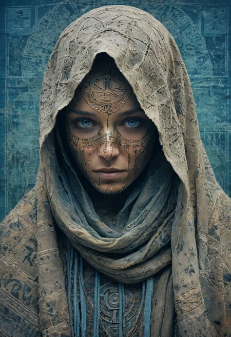 an ancient, cloaked female figure with piercing eyes, face covered in dust and dirt, their face wrapped in fabric adorned with extremely intricate hieroglyphs, set against an abstract, polygonal blue gradient background. The cloth appears worn and frayed, with strands of cobwebs catching the light, evoking a sense of age and decay. The background’s geometric facets shift from light to dark blue, creating a sense of depth that feels cold and detached, as if the figure exists within a frozen, digital void. Every wrinkle, stitch, and symbol on the fabric is detailed, revealing a story etched into the cloth. The icy blues of the background offer a stark contrast, amplifying the figure’s ancient aura. This composition weaves together themes of antiquity and futurism, drawing the viewer into a world where the past is preserved within a crystalline digital space.