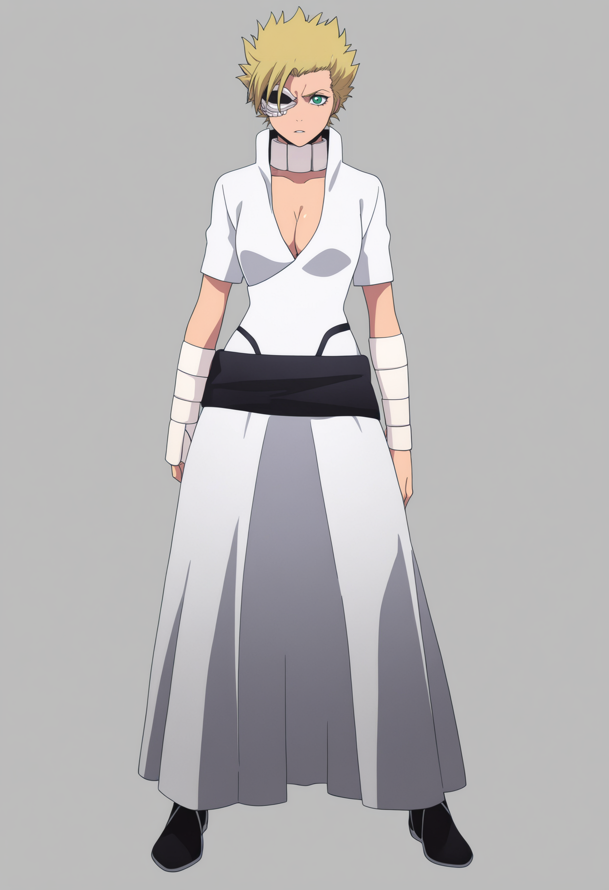 masterpiece, best quality, very aesthetic, absurdres,
1girl, menolymallia, eyepatch, green eyes, blonde hair, short hair, spiked hair,
bandages, cleavage, medium breasts, white dress,
full body, standing, solo, looking at viewer, simple background, white background  <lora:MenolyMalliaNoobXL_byKonan:1>