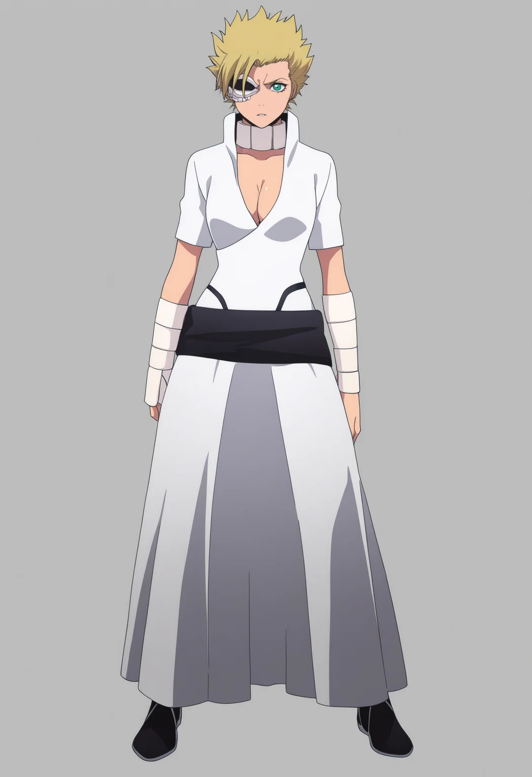masterpiece, best quality, very aesthetic, absurdres,
1girl, menolymallia, eyepatch, green eyes, blonde hair, short hair, spiked hair,
bandages, cleavage, medium breasts, white dress,
full body, standing, solo, looking at viewer, simple background, white background <lora:MenolyMalliaNoobXL_byKonan:1>