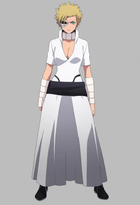 masterpiece, best quality, very aesthetic, absurdres,
1girl, menolymallia, eyepatch, green eyes, blonde hair, short hair, spiked hair,
bandages, cleavage, medium breasts, white dress,
full body, standing, solo, looking at viewer, simple background, white background <lora:MenolyMalliaNoobXL_byKonan:1>
