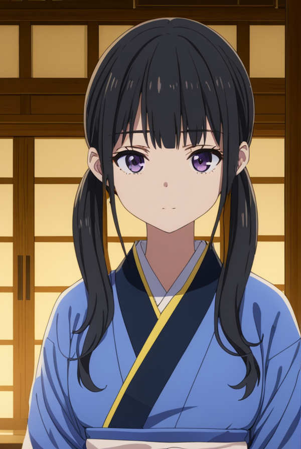 masterpiece, best quality, highres, 4k, 8k, intricate detail, cinematic lighting, amazing quality, amazing shading, soft lighting, Detailed Illustration, anime style,
takinainoue, <lora:takina-inoue-s1-sdxl-lora-nochekaiser:0.75>,
inoue takina, long hair, bangs, black hair, twintails, purple eyes,
japanese clothes, kimono, apron, waist apron, blue kimono, waitress,
indoors, restaurant, tea house, tea, green tea, 
looking at viewer, cowboy shot,