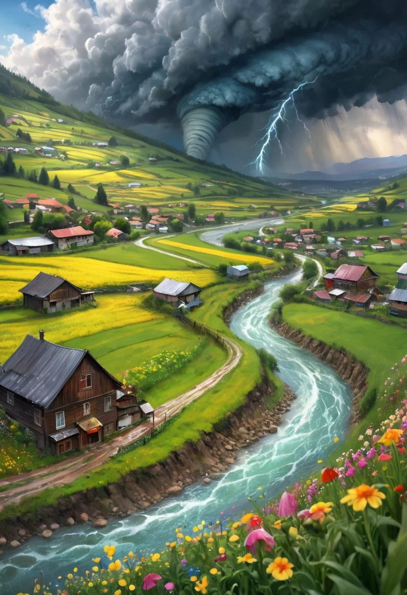 oil matte art, calm relaxing scenery, river, beautiful digital art, DarkFantasy, panoramic view, rain, wet, small village on the mountain cliff, fisheye lense, flower field, crystal clear, huge tornado in the background, bokeh, OverallDetail, depth of field, detailed art, expressionism,
extremely detailed, UHD,(long exposure )