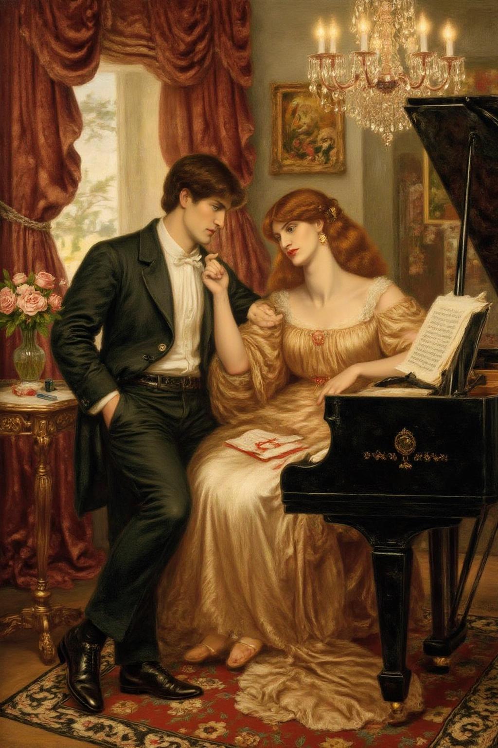 dgr painting.
A romantic and elegant scene of a couple flirting beside a grand piano in a luxurious, softly lit room. The man, wearing a tailored black suit with a crisp white shirt, leans casually against the piano, gazing warmly at the woman. She is dressed in an exquisite evening gown, her posture relaxed yet graceful as she sits on the piano bench, her hand lightly resting on the keys.
The piano, a polished ebony grand, gleams under the warm glow of a crystal chandelier, with an open sheet of music resting on the stand. The room is adorned with refined details, including rich velvet curtains, a Persian rug, and a vase of fresh roses on a nearby table. The atmosphere is intimate and sophisticated, evoking a timeless sense of romance and charm
  <lora:dgr1_cap_d6a3e8:1.0><lora:819488857100684989:0>