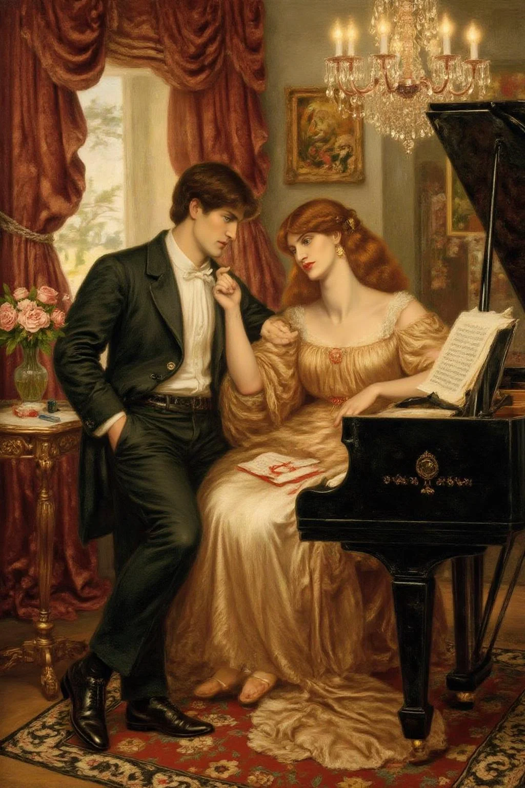 dgr painting.
A romantic and elegant scene of a couple flirting beside a grand piano in a luxurious, softly lit room. The man, wearing a tailored black suit with a crisp white shirt, leans casually against the piano, gazing warmly at the woman. She is dressed in an exquisite evening gown, her posture relaxed yet graceful as she sits on the piano bench, her hand lightly resting on the keys.
The piano, a polished ebony grand, gleams under the warm glow of a crystal chandelier, with an open sheet of music resting on the stand. The room is adorned with refined details, including rich velvet curtains, a Persian rug, and a vase of fresh roses on a nearby table. The atmosphere is intimate and sophisticated, evoking a timeless sense of romance and charm
<lora:dgr1_cap_d6a3e8:1.0><lora:819488857100684989:0>