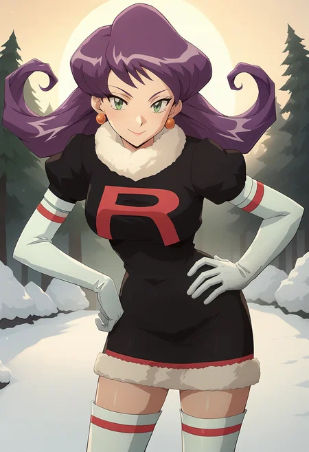 score_9, score_8_up, score_7_up, score_6_up, <lora:PMMiyamoto:0.8>, PMMiyamoto, floating hair, purple hair, bangs, green eyes, orange earrings, aged up,
team rocket, black dress, puffy sleeves, elbow gloves, white gloves, white thighhighs, thigh boots, fur trim,
standing, looking at viewer, cowboy shot, upper body, leaning forward, legs apart, smile, hand on own hip, 
BREAK winter, forest, dusk, sunset,