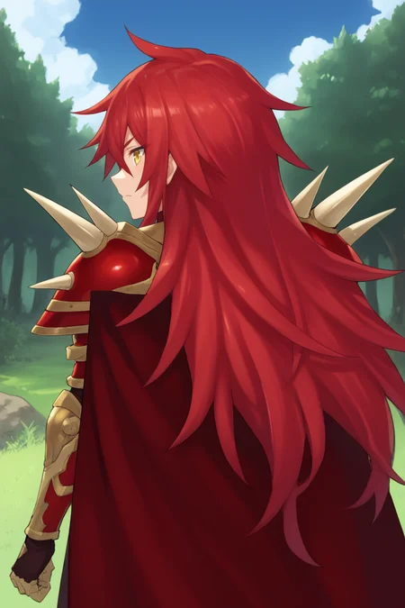 score_9, score_8_up, score_7_up, score_6_up, source_anime, BREAK, <lora:Gulcasa-000012:0.6> , guldef, (1boy), red hair, long hair, hair between eyes, yellow eyes, (armor), spikes, shoulder armor, shoulder spikes, cape, red cape, pauldrons, gauntlets, upper body, looking at viewer, anger, shouting, from behind, looking back, <lora:detailed_backgrounds_v2:0.6> , masterpiece, best quality, very aesthetic, absurdres, forest, outdoors, grass, nature, blue sky,   <lora:Lunas-Asanagi-SDXL-A1:0.6>