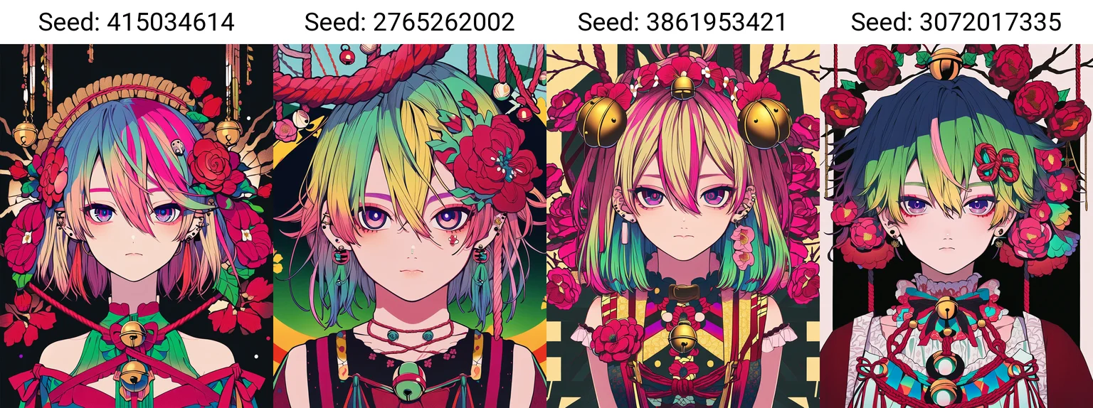 (masterpiece, best quality), (solo, 1girl), (blonde hair, pink hair, green hair, gradient hair, short hair, hair between eyes, hair flower, hair ornament), (multicolored eyes, purple eyes, looking at viewer), (flower, red flower, rope, bell), closed mouth, bangs, piercing, ear piercing, jewelry, earrings, jingle bell, branch,
