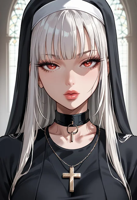 score_9, score_8_up, score_7_up, score_6_up, 1girl, blunt bangs, long hair, white hair, black hair highlights, red eyes, no make-up, BRAKE, full lips, perfect lips, necklace with cross, nun, nun-outfit, classic nun outfit, cleavage, collarbone, 8k picture, highly detailed picture