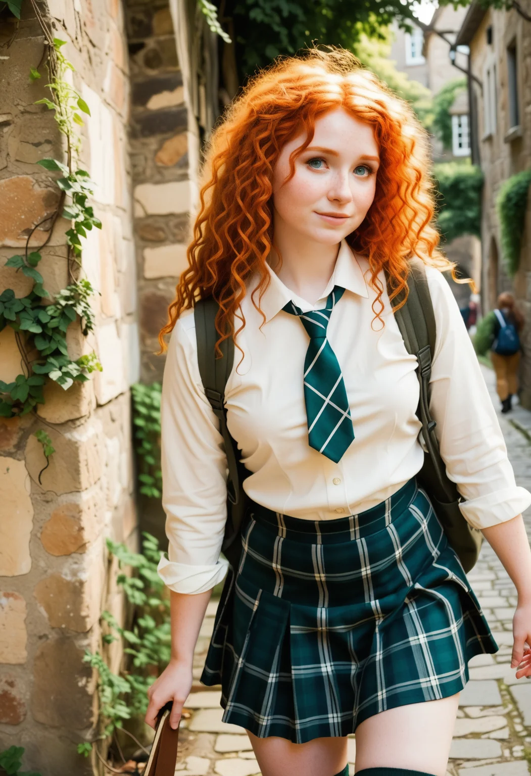 MeridaXLP,freckles,cleavage,wavy hair , A high resolution professional cosplay photograph of Merida, the fiery-haired Disney princess from Brave, dressed in a modern schoolgirl outfit. She has her signature wild, curly red hair cascading down her shoulders, with a few strands playfully framing her freckled face. Her emerald green eyes shine with mischief and determination. She is topless and wears a stylish school uniform consisting of a plaid skirt in shades of green and navy, knee-high socks, and polished black shoes. Her breasts are pale, soft and supple with delicate light pink nipples. A loosely tied tie hangs around her neck, giving her a rebellious yet charming look. She stands confidently, perhaps adjusting her backpack strap or holding a book, with a smirk that hints at her adventurous spirit. The background is softly blurred, depicting a grand old-school building with stone walls and ivy creeping up the sides, adding to the academic yet whimsical atmosphere.