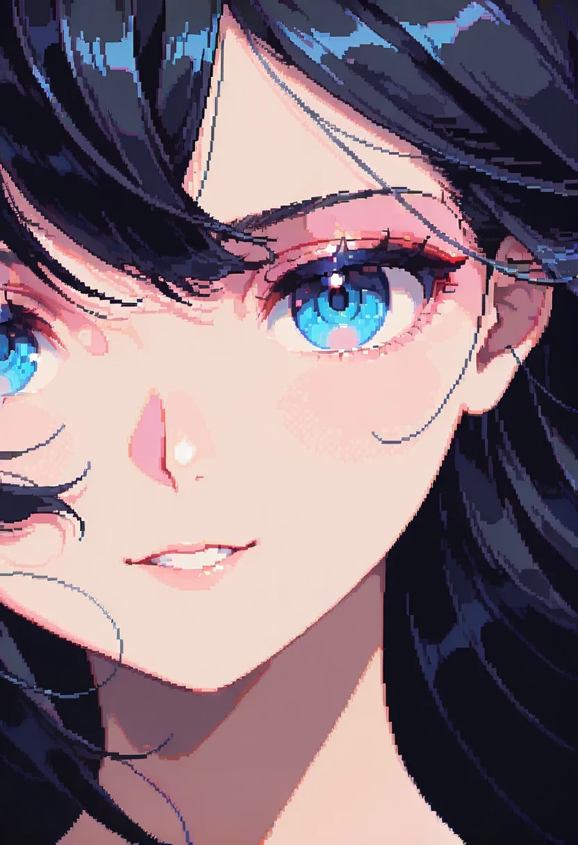 dpa,pixel art, 1girl, solo, looking at viewer, black hair, portrait, bangs, blue eyes