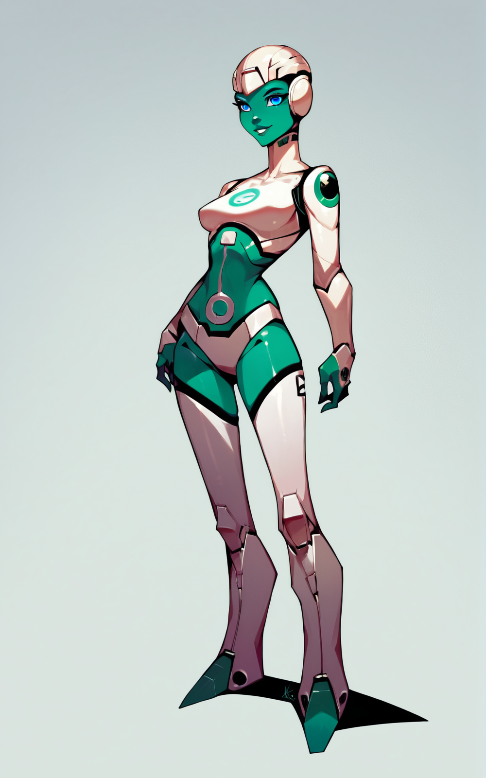 score_9, score_8_up, score_7_up,((best quality)), absurdres,((full body)),  <lora:3d-2d:0.8>,  <lora:AYAPXL:0.85>,AYAPXL,blue eyes, colored skin, helmet, robot, green skin,white background,android,slim,armor