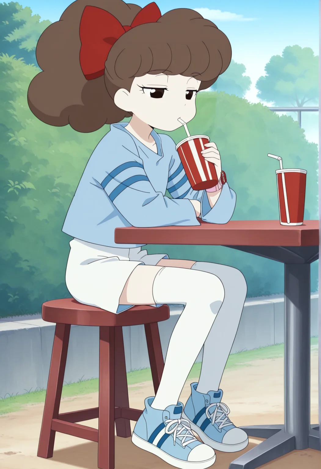 anime screenshot, anime coloring, 1girl, ponytail, long hair, brown hair, black eyes, curly hair, ribbon, blue shirt, long sleeves, wristwatch, white shorts, thighhighs, blue sneakers, sitting, outdoors, table, stool, drinking, drinking straw, bored, arm rest, half-closed eyes, <lora:suzie_illus:1>, masterpiece, best quality, amazing quality, very aesthetic, absurdres, highres, newest