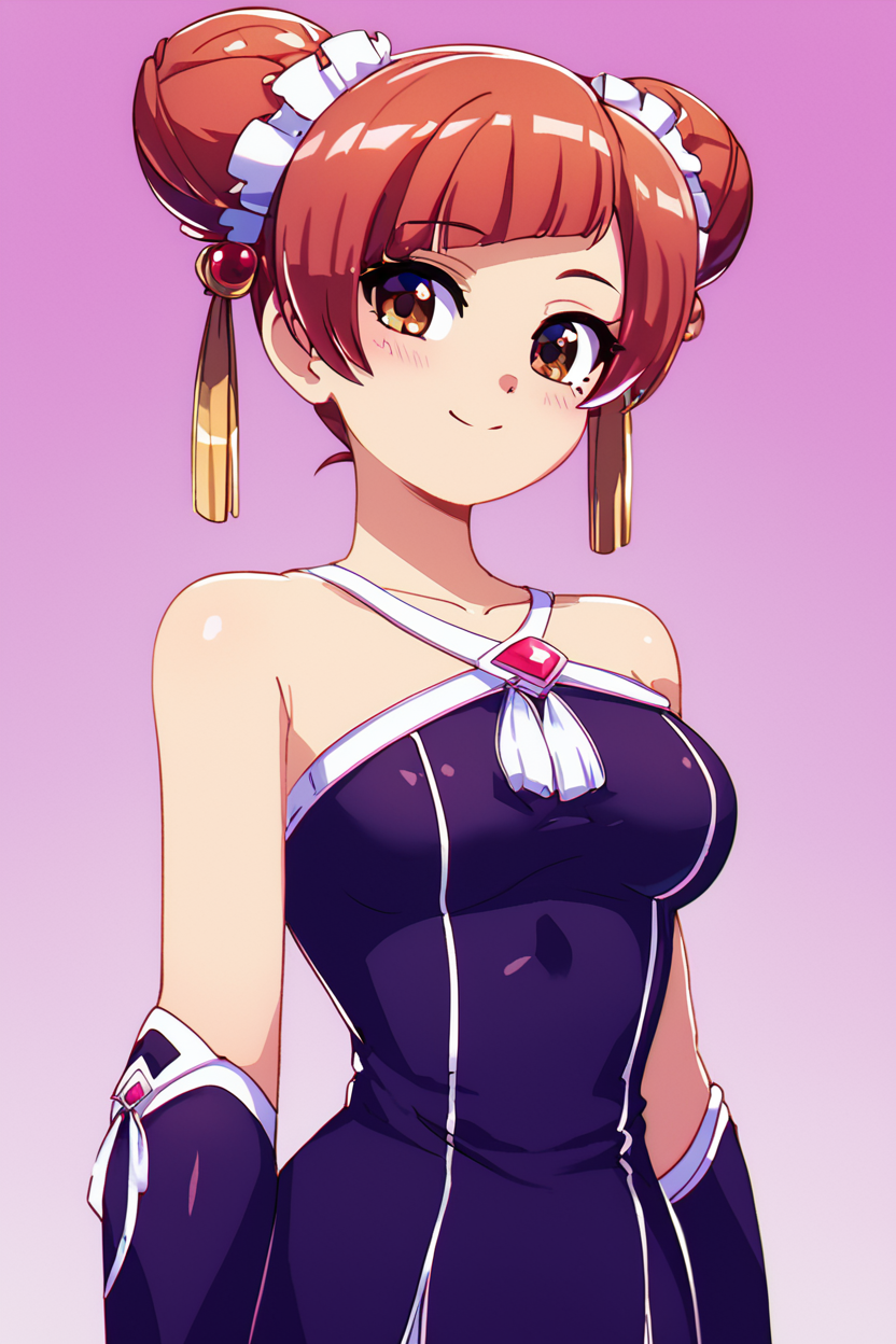 score_9, score_8_up, score_8, medium breasts, (curvy), cute, eyelashes,       BREAK, ,  zzLaufen, hair bun, double bun, red hair, short hair, brown hair, brown eyes, hair ornament, bare shoulders, black dress, collarbone,  <lora:LaufenFrieren_PDXL_v1:0.8>,  , BREAK, smile, closed mouth, looking at viewer, cowboy shot, ,,, embedding:zPDXL, Expressiveh, ,,, <lora:Konpeto_PDXL_v3:1.0>, <lora:SDXLFaeTastic2400:0.5>, <lora:Expressive_H-000001:0.4>,