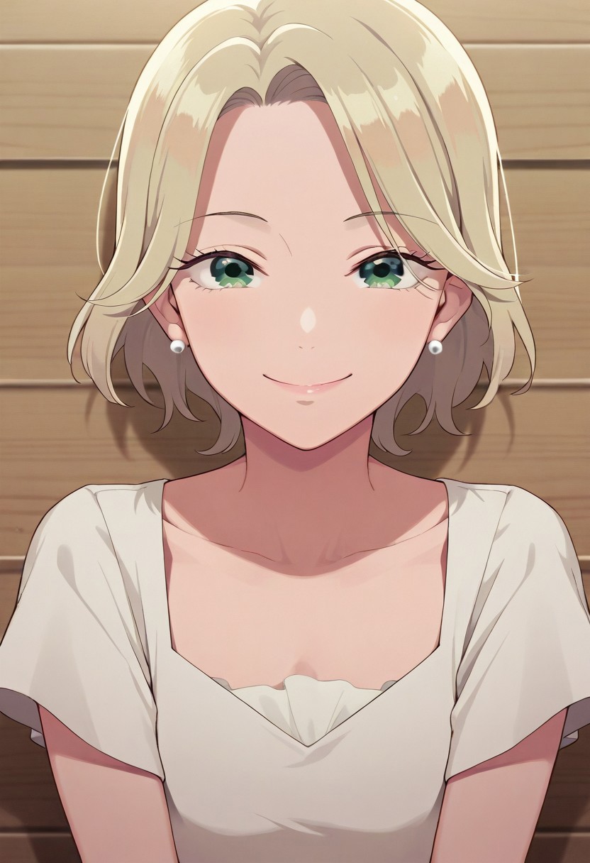 masterpiece,best quality,amazing quality, kudou hazuki, short hair, blonde hair, green eyes, 1girl, solo, earrings, jewelry, looking at viewer, shirt, short sleeves, smile, upper body, white shirt
