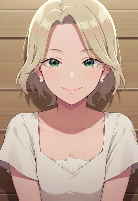 masterpiece,best quality,amazing quality, kudou hazuki, short hair, blonde hair, green eyes, 1girl, solo, earrings, jewelry, looking at viewer, shirt, short sleeves, smile, upper body, white shirt
