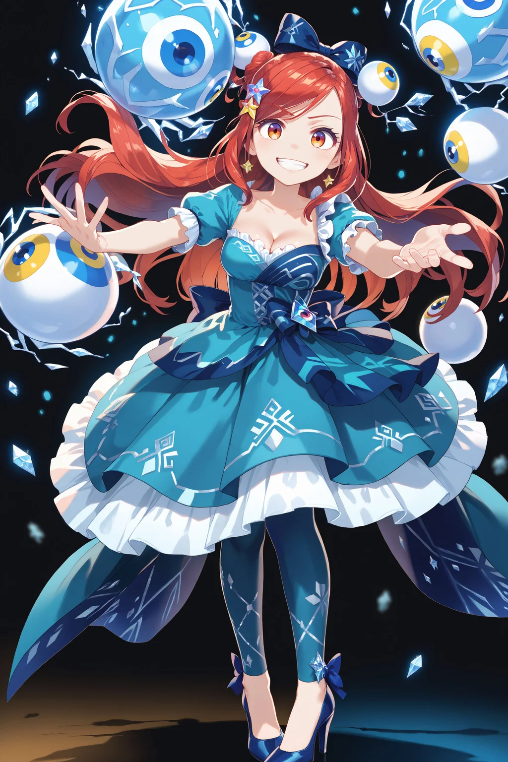 score_max, (score_9, score_8_up, score_7_up:1.0), score_6_up, official art,
, masterpiece, absurdres, high detail, 8k,
black background, snowing, frozen castle,cryokinesis,
standing, reaching towards viewer, open hand, arm at side, evil smile, looking at viewer,
solo, iroha, red hair, long hair, araktyle, eyeball hair ornament, star hair ornament, hair bow, blue bow, aqua dress, puffy short sleeves, collarbone, cleavage, eyeball, frills, blue footwear, blue thighhighs, high heels
<lora:XL_Pony_MGCM-iroha-t1:1.0>