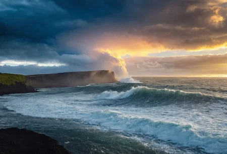 sunny with towering clouds, Icelandic cliff with giant tsunami waves, enhance the water element