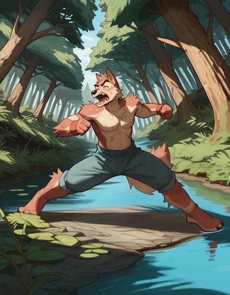 score_9, score_8_up, score_7_up, anthro, furry, dutch angle, anthro, detailed body, hi res, <lora:add-detail-xl:1>, <lora:Greyyy_Artist_Style.safetensors:1.2>, by gr3yyy, tail (procyonid, fighting stance, looking pleasured, pain, wetland tower forest cloud, detailed background:1.25)