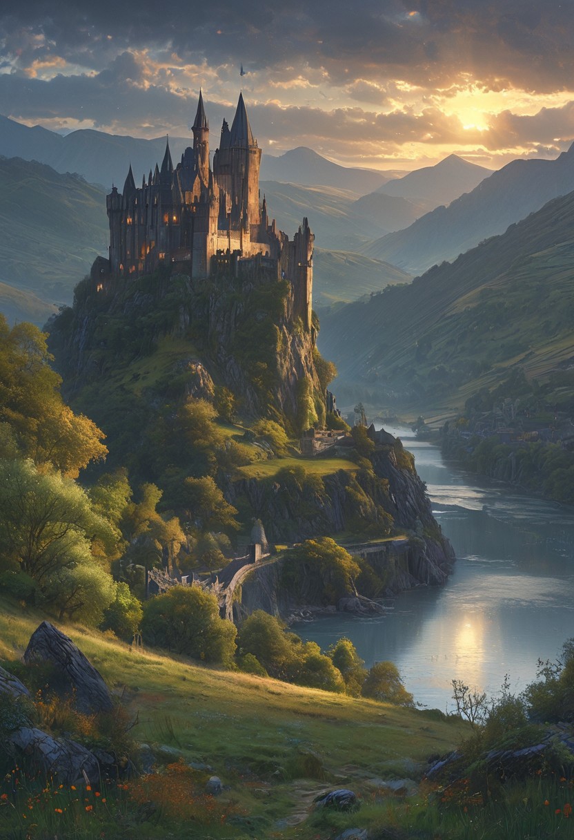 A captivating night scene illustration featuring a beautiful castle on a large  hill overlooking a lake in Wales.   The castle is ancient but well maintained and updated and comfortable to live in.  This enchanting artwork captures a serene and peaceful early morning, where the sun is just starting to rise over the beautiful hills and castle which   stands resolute amidst hills of Wales, creating a cinematic experience., illustration, cinematic
<lora:DonM3t3rn1tyXL-v1.1:0.7>, DonM3t3rn1tyXL,
OverallDetailXL  <lora:MJ52:0.3>  <lora:SDXLFaeTastic2400:0.4>  <lora:EpicF4nta5yXL:0.7>