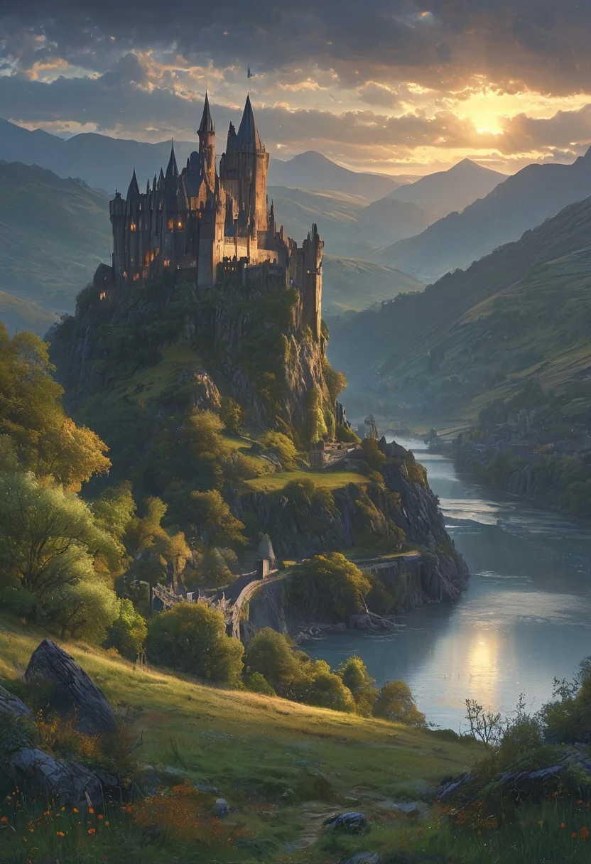 A captivating night scene illustration featuring a beautiful castle on a large hill overlooking a lake in Wales. The castle is ancient but well maintained and updated and comfortable to live in. This enchanting artwork captures a serene and peaceful early morning, where the sun is just starting to rise over the beautiful hills and castle which stands resolute amidst hills of Wales, creating a cinematic experience., illustration, cinematic
<lora:DonM3t3rn1tyXL-v1.1:0.7>, DonM3t3rn1tyXL,
OverallDetailXL <lora:MJ52:0.3> <lora:SDXLFaeTastic2400:0.4> <lora:EpicF4nta5yXL:0.7>
