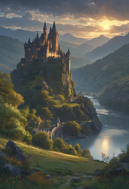 A captivating night scene illustration featuring a beautiful castle on a large  hill overlooking a lake in Wales.   The castle is ancient but well maintained and updated and comfortable to live in.  This enchanting artwork captures a serene and peaceful early morning, where the sun is just starting to rise over the beautiful hills and castle which   stands resolute amidst hills of Wales, creating a cinematic experience., illustration, cinematic
<lora:DonM3t3rn1tyXL-v1.1:0.7>, DonM3t3rn1tyXL,
OverallDetailXL  <lora:MJ52:0.3>  <lora:SDXLFaeTastic2400:0.4>  <lora:EpicF4nta5yXL:0.7>