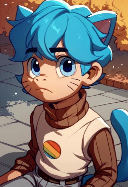 score_9, score_8_up, score_7_up, CuteCartoonStyle, gumball watterson, 1boy, solo, male focus, blue hair, cat ears, brown turtleneck, brown collar, blue eyes, young, grey pants, whisker markings, blue tail, park background,