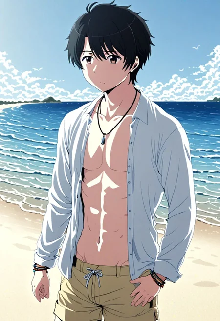 high resolution, solo, best quality, 1Boy, Inaho Kaizuka, Black Hair, beach, calm, clear sky, candid, open shirt, shorts, sixpack, necklace, bracelet, OverallDetail