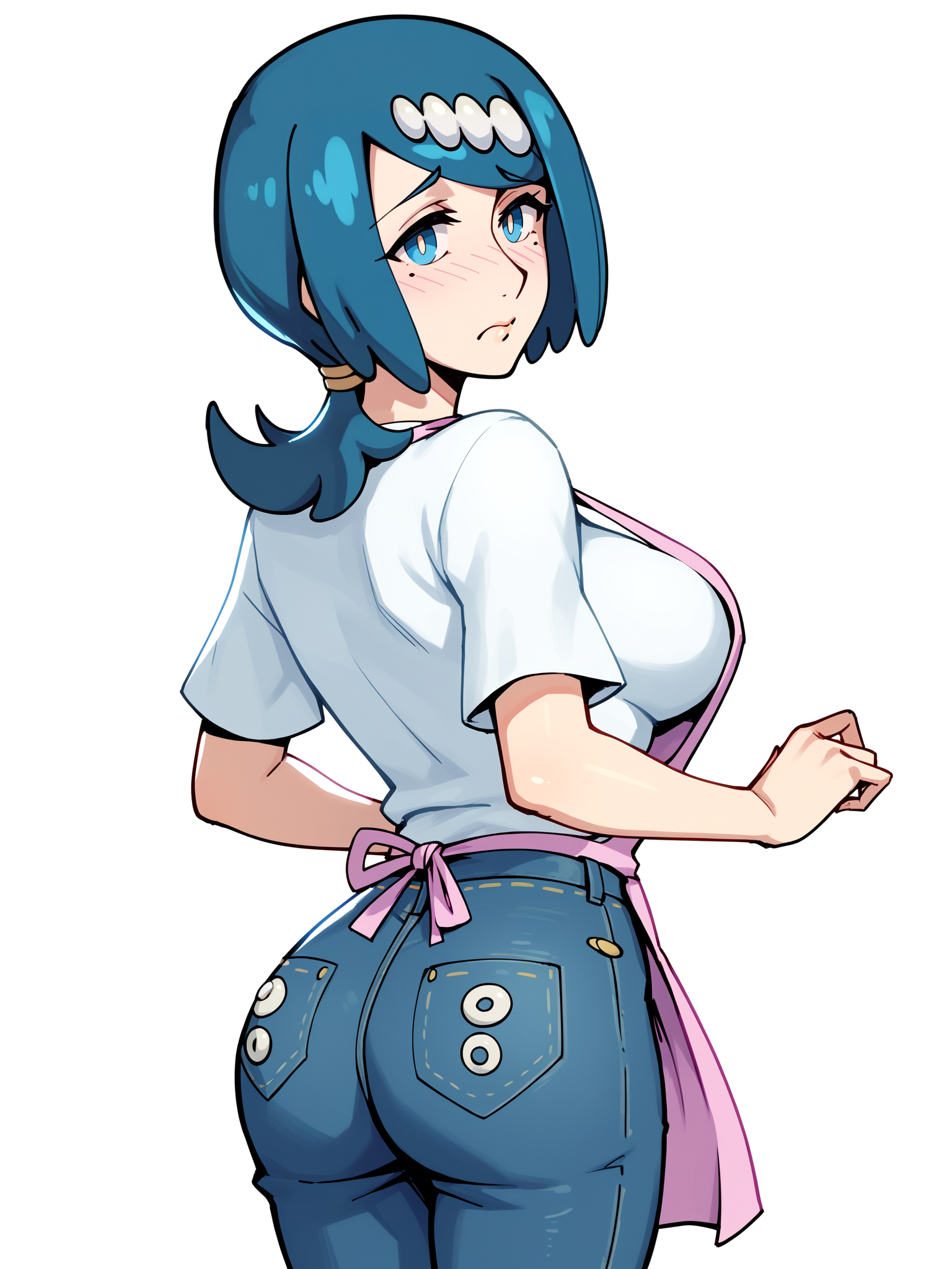 score_9, score_8_up, score_7_up, score_6_up, score_5_up, score_4_up,
BREAK
1girl, lana's mother \(pokemon\), blue hair, bob cut, ponytail, hair ornament, blue eyes, blush, pout,
BREAK
solo, standing, white shirt, jeans, large breasts, pink apron, looking back, flat ass,
BREAK
white background, simple background, angled shot, dynamic pose, dynamic angle, <lora:Lunas-Owler-SDXL-A1:1>
