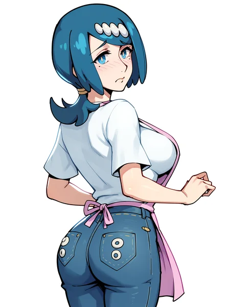 score_9, score_8_up, score_7_up, score_6_up, score_5_up, score_4_up,
BREAK
1girl, lana's mother \(pokemon\), blue hair, bob cut, ponytail, hair ornament, blue eyes, blush, pout,
BREAK
solo, standing, white shirt, jeans, large breasts, pink apron, looking back, flat ass,
BREAK
white background, simple background, angled shot, dynamic pose, dynamic angle, <lora:Lunas-Owler-SDXL-A1:1>