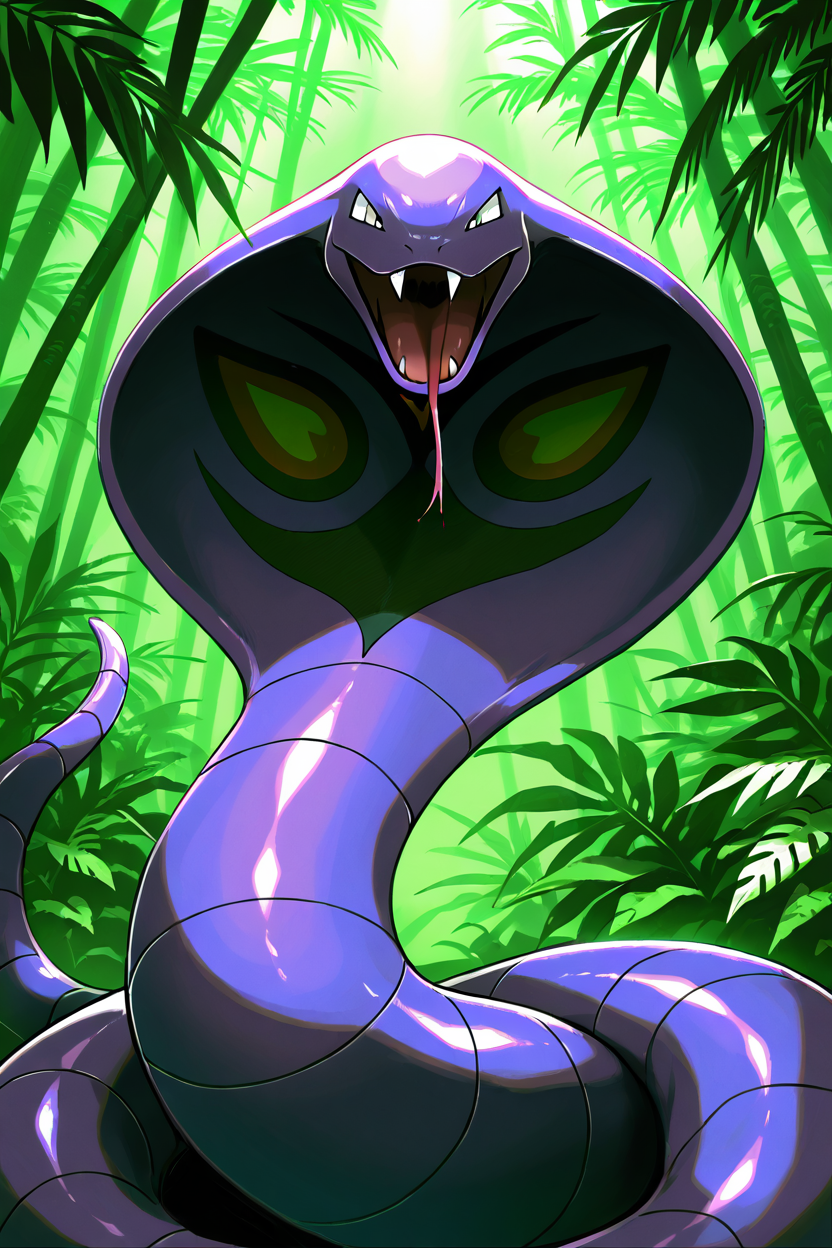masterpiece, best quality,   Arbok, no humans, pokemon (creature), snake,  <lora:ArbokPokedexIXL:1.0>,   coiled and ready to strike, glowing purple scales, jungle background, sinister expression, venom dripping from fangs, mysterious and vibrant, cinematic lighting