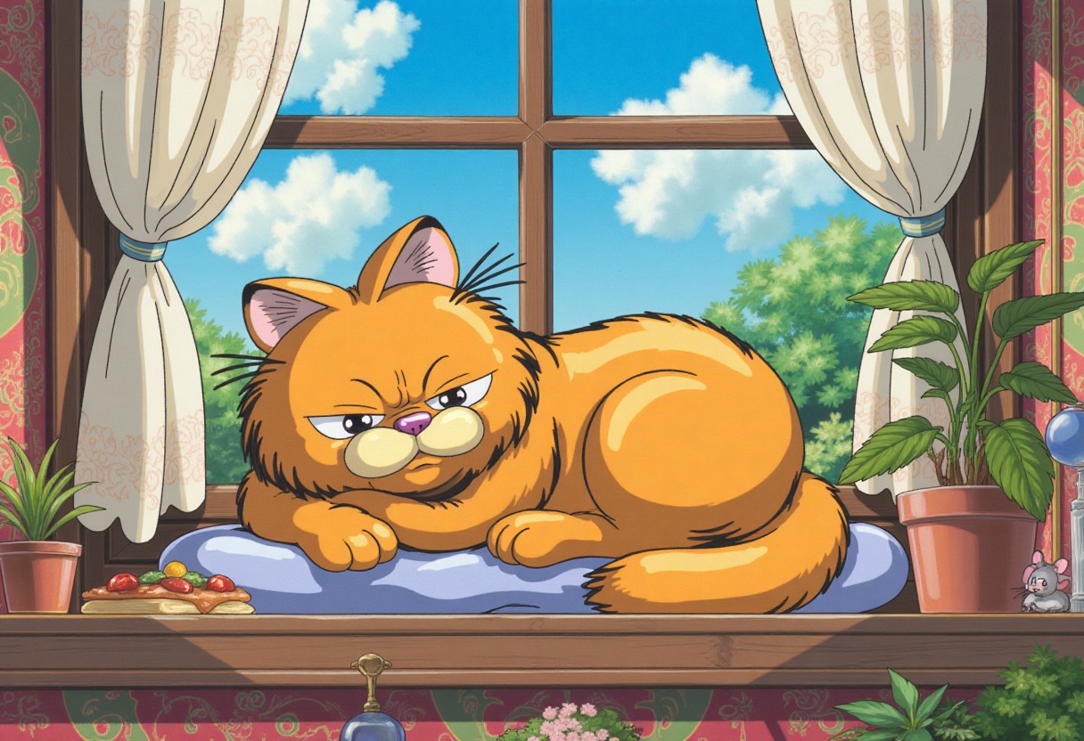Ghibli style Garfield, a lazy orange cat with a mischievous grin, lounging on a sunny windowsill while dreaming of lasagna, in a cozy home filled with plants and colorful decor, warm light streaming in, with a friendly mouse peeking out from behind a flower pot
