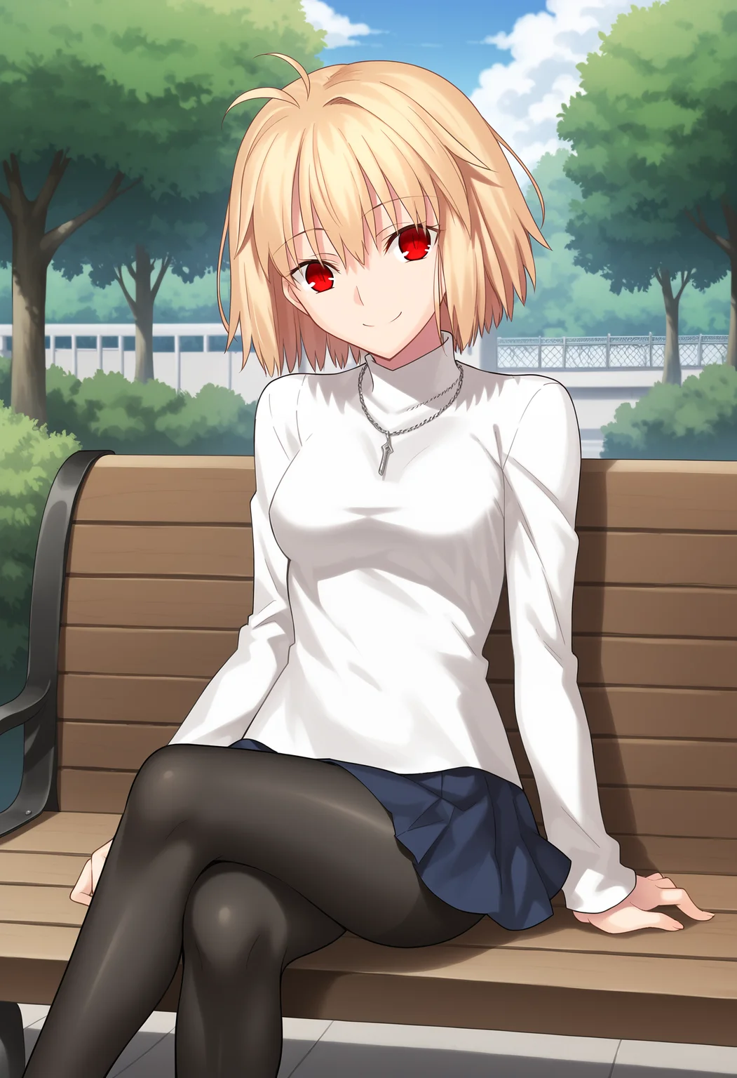 arcdefault, 1girl, solo, turtleneck sweater, necklace, skirt, pantyhose, red eyes, smile, crossed legs, medium breasts, outdoors, sitting, bench