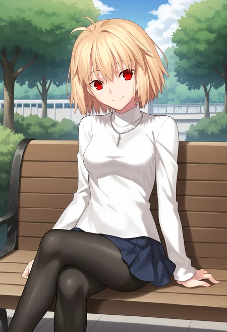 arcdefault, 1girl, solo, turtleneck sweater, necklace, skirt, pantyhose, red eyes, smile, crossed legs, medium breasts, outdoors, sitting, bench