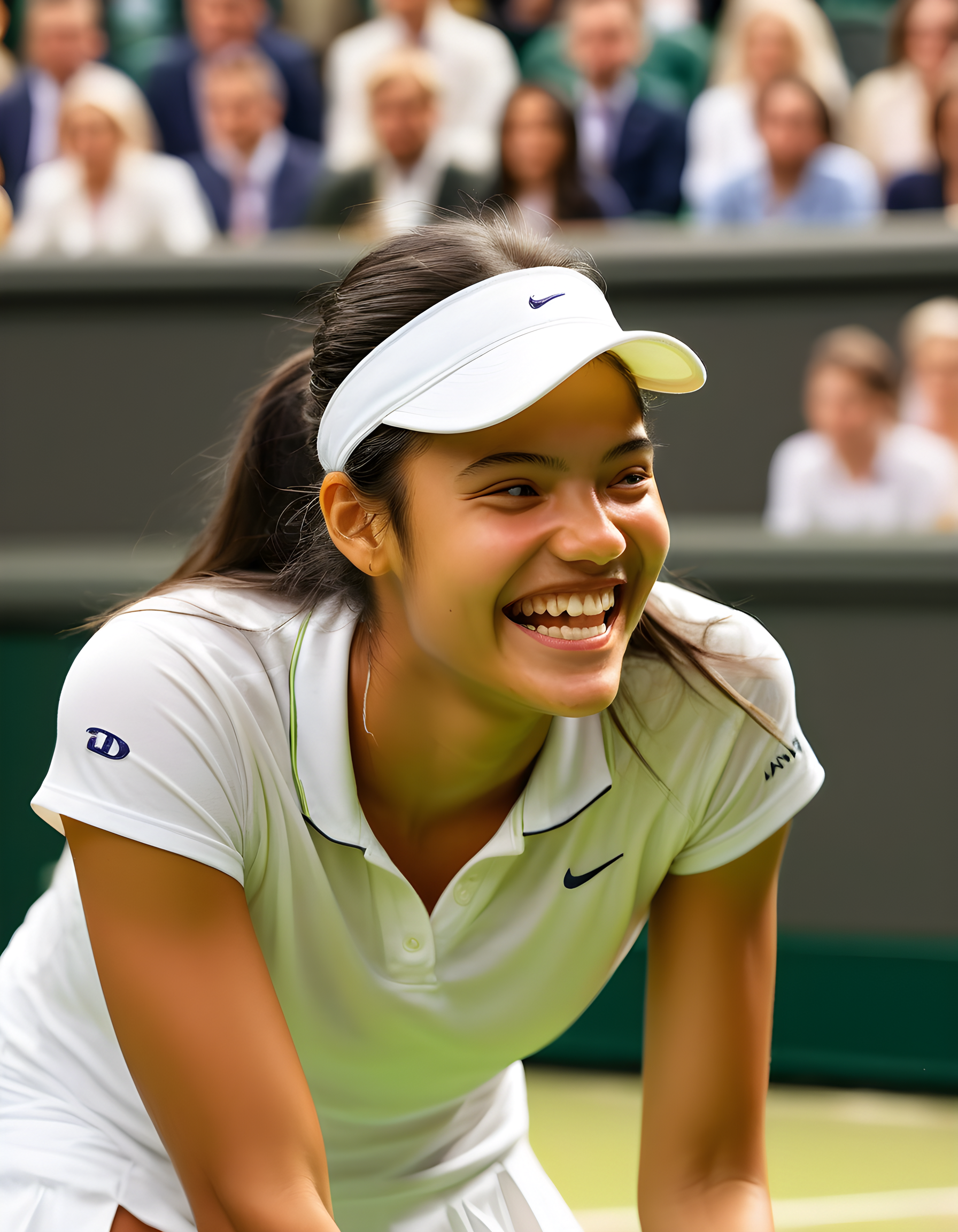 emmaraducanu, In a bustling Wimbledon center court, under the bright and vibrant sunlight filtering through the grandstand's roof, 19-year-old Emma Raducanu, with her radiant smile revealing gleaming white teeth and her ebony hair cascading down her back, wears a crisp, white tennis shirt with a hint of perspiration, her eyes sparkling with determination and joy. She gracefully leans forward in a triumphant grin, the crowd's cheers echoing in the background as she prepares for her next serve, all captured in a slightly blurry, dramatic close-up by an adoring fan's camera from the front row. The iconic green tennis court, with its pristine white lines and the towering stands bathed in warm, golden light, forms the perfect backdrop to this unforgettable moment in sports history.