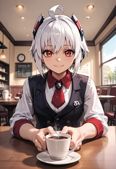 score_4,score_5,score_6,score_7_up,score_8_up,score_9 ((masterpiece,best quality,ultra detailed,highres,HD,4k:1.2)),
Copen(GV),white hair, ahoge, short hair,sidelocks,red eyes, dark eyes,head gear,
indoor, cafe, sitting,((pov date, across table pov, across table)), Coffee on the table,hand, right_hand,right_hand touching face, left_hand, left_hand on table, left_hand placed horizontal, shy,light smile,closed mouth,