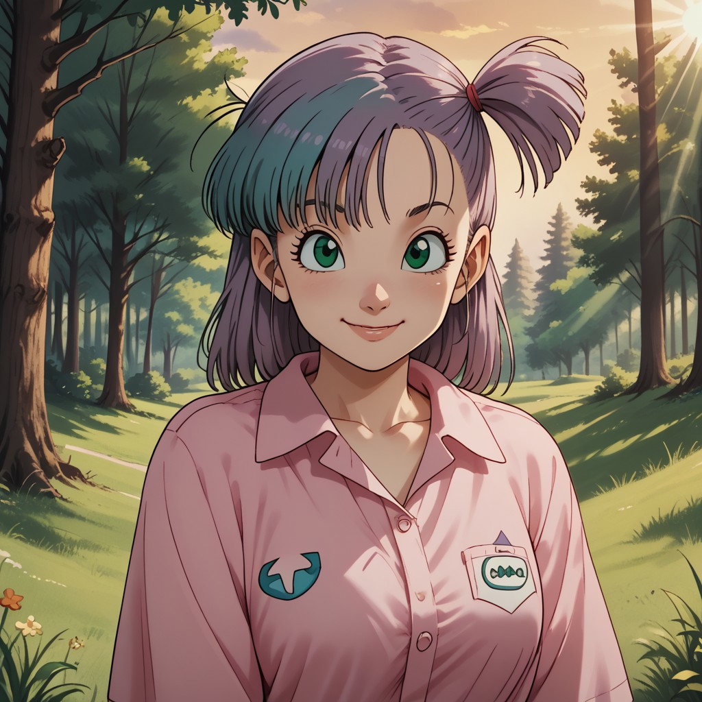 score_9, score_8, BREAK, solo, bulma, blue hair,green eyes one side up, cute girl, pink shirt,shirt, , collarbone, short sleeves, off shoulder, oversized shirt, naked shirt, oversized clothes, sexy pose, self portrait, smile, outdoors, sunlight, shadows, evening lighting, natural lighting, forest, trees, grass, orange sky, sunset