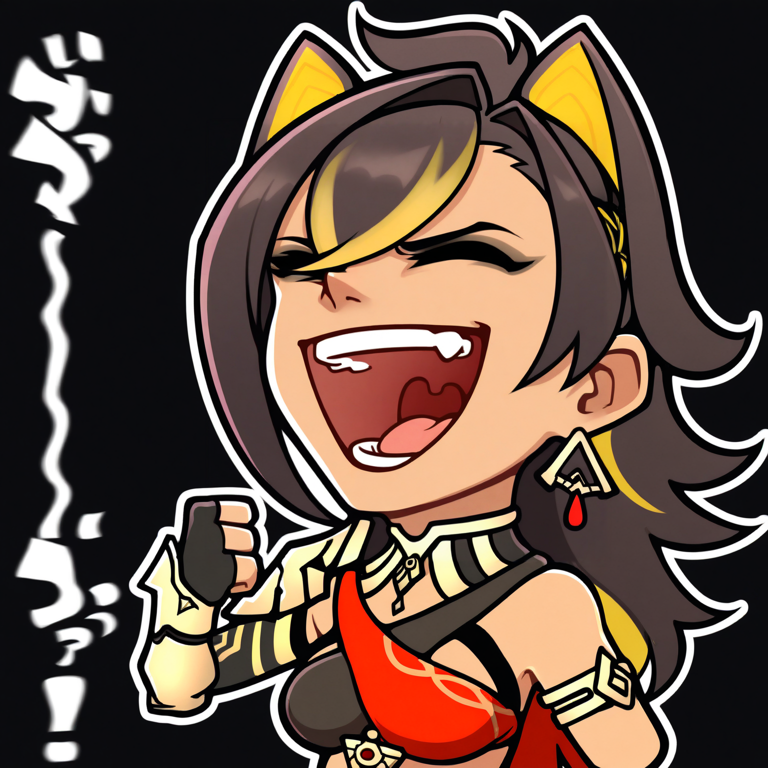 sticker, colorful, outline,
masterpiece, best quality, very aesthetic, absurdres,
1girl, dehya \(genshin impact\), genshin impact, laughing, open mouth,
upper body, black background, simple background, <lora:StickerNoobLocon_byKonan:1>