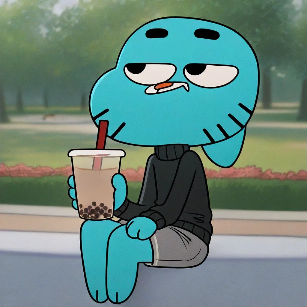 (2024, very aesthetic, newest, best quality, masterpiece), mikus-gumball, black eyes, cat, blue fur, black sweater, gray shorts, park, park background, holding, bubble tea,