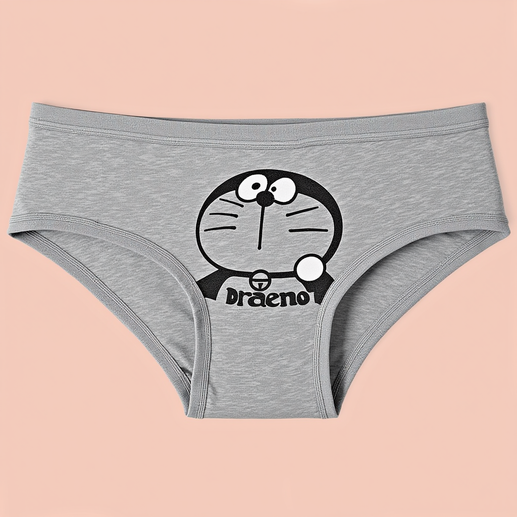 a gray cotton panties, briefs, with black Doraemon pattern on front