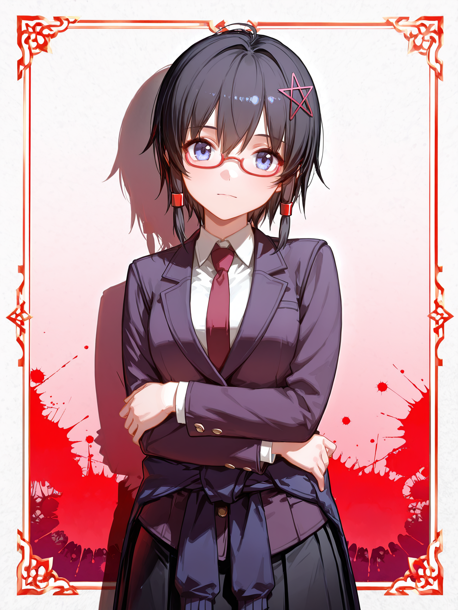 lazypos, ningen mame, nagasawa tougo, ciloranko, <lora:Naho3CoPaXL:1> Naho_CoPa, 1girl, short hair, pentagram hair ornament, school uniform, blazer, red glasses, clothes around waist, hair tubes, black pleated skirt, cowboy shot, inset border, red paint splatter, gradient background, tachi-e, looking at viewer, crossed arms, black hair, <lora:cfg_scale_boost:0.5>, <lora:V2_yakumo_alchemy:0.8>