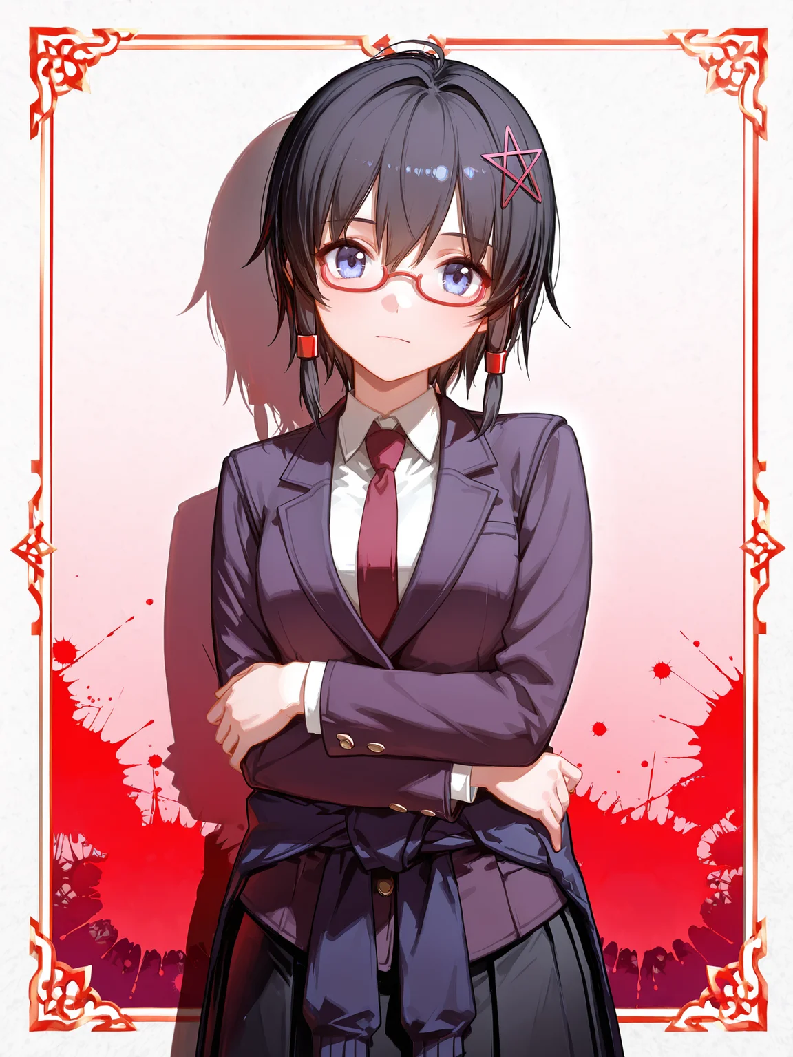 lazypos, ningen mame, nagasawa tougo, ciloranko, <lora:Naho3CoPaXL:1> Naho_CoPa, 1girl, short hair, pentagram hair ornament, school uniform, blazer, red glasses, clothes around waist, hair tubes, black pleated skirt, cowboy shot, inset border, red paint splatter, gradient background, tachi-e, looking at viewer, crossed arms, black hair, <lora:cfg_scale_boost:0.5>, <lora:V2_yakumo_alchemy:0.8>